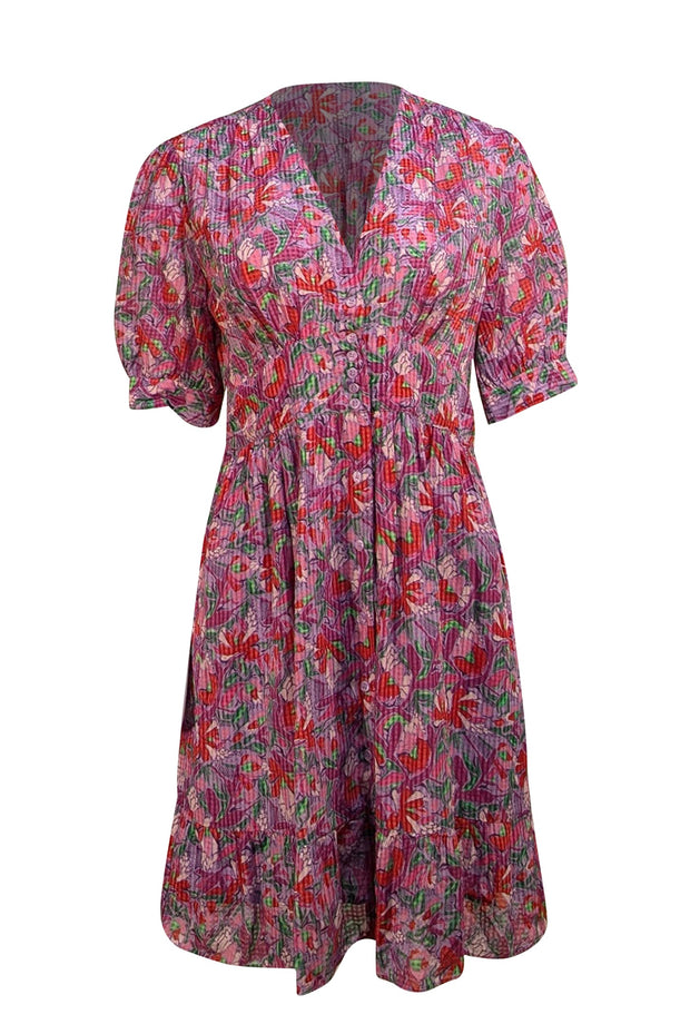 Ba&sh - Purple w/ Red, Pink, & Green Floral Button Front Dress Sz 8 - Current Boutique