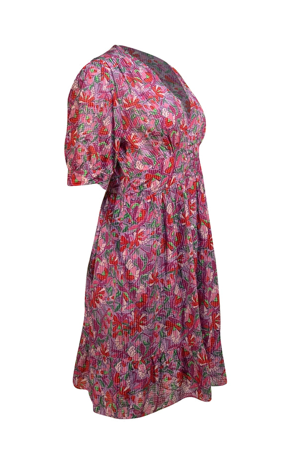 Ba&sh - Purple w/ Red, Pink, & Green Floral Button Front Dress Sz 8 - Current Boutique