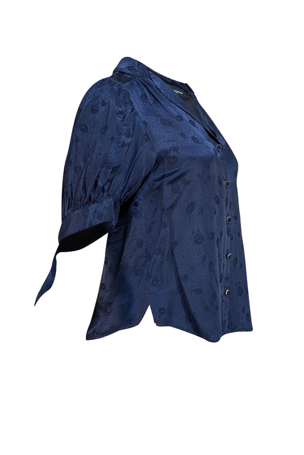 The Kooples - Navy Floral Printed Puff Sleeve Blouse Sz 2 - Current Boutique