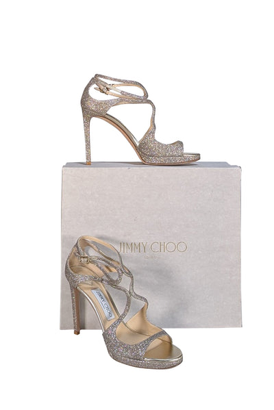 Jimmy Choo - Champagne Gold Glitter Open Toe Pumps Sz 8.5 - Current Boutique