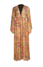 Anjuna - Peach & Multicolor Floral w/Gold Stripe Semi-Sheer Dress Sz S - Current Boutique