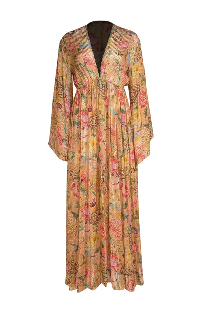 Anjuna - Peach & Multicolor Floral w/Gold Stripe Semi-Sheer Dress Sz S - Current Boutique