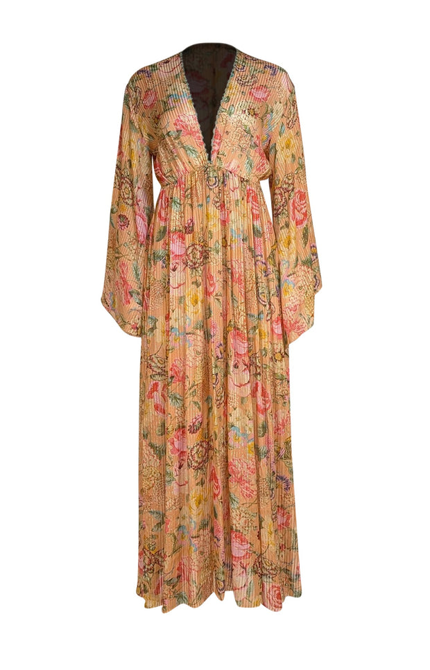 Anjuna - Peach & Multicolor Floral w/Gold Stripe Semi-Sheer Dress Sz S - Current Boutique
