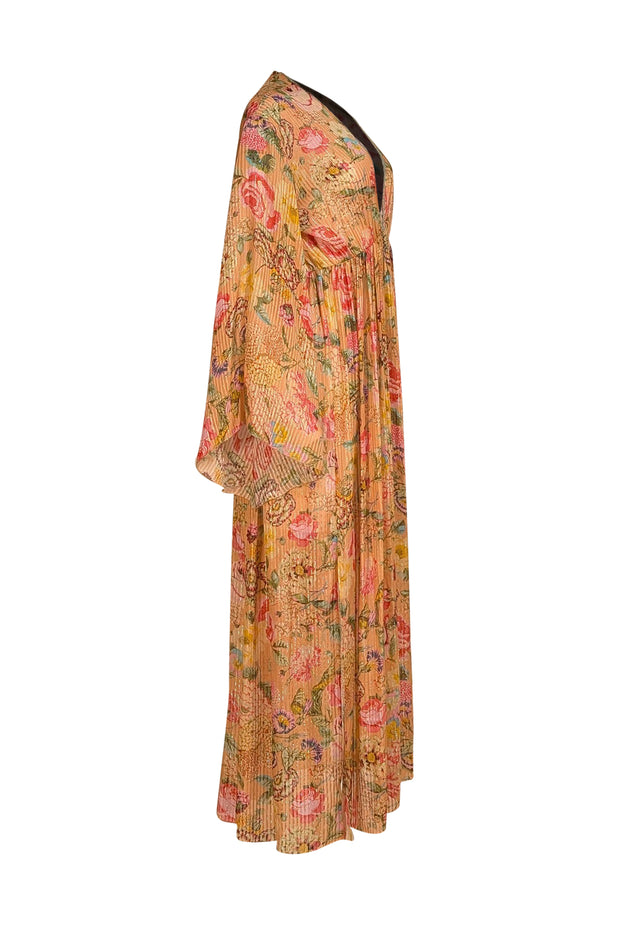 Anjuna - Peach & Multicolor Floral w/Gold Stripe Semi-Sheer Dress Sz S - Current Boutique