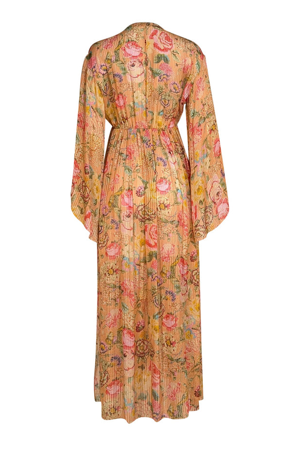 Anjuna - Peach & Multicolor Floral w/Gold Stripe Semi-Sheer Dress Sz S - Current Boutique