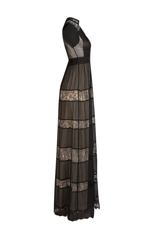 Alice & Olivia - Black Lace Chiffon Maxi "Giovanna" Dress Sz 4 - Current Boutique