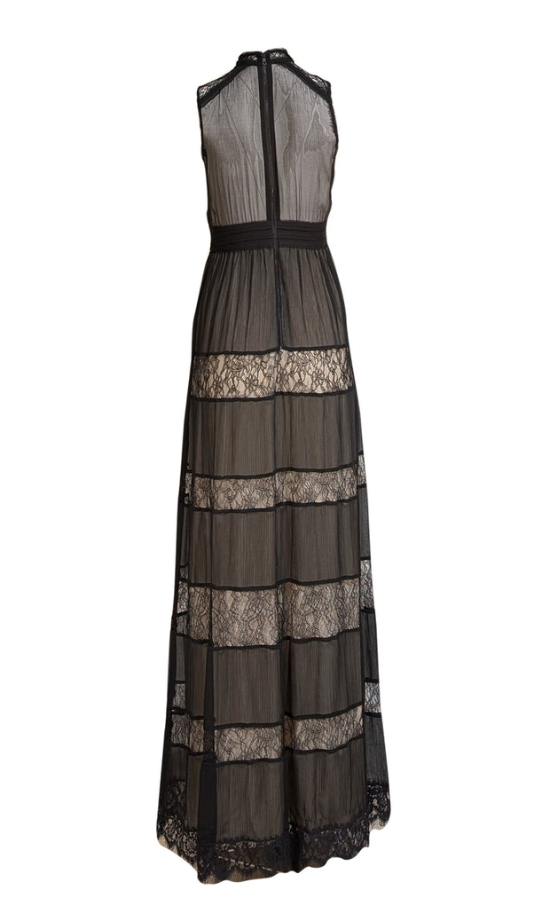 Alice & Olivia - Black Lace Chiffon Maxi "Giovanna" Dress Sz 4 - Current Boutique