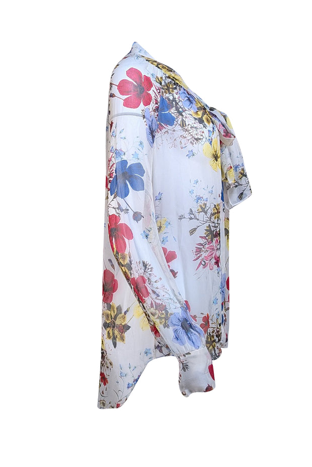 Erdem - White Multi Floral Print Sheer Blouse Sz M - Current Boutique