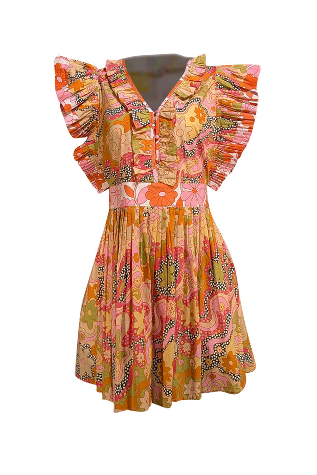 Celia B - Orange & Pink Abstract Floral Print Cotton Mini Dress Sz M - Current Boutique
