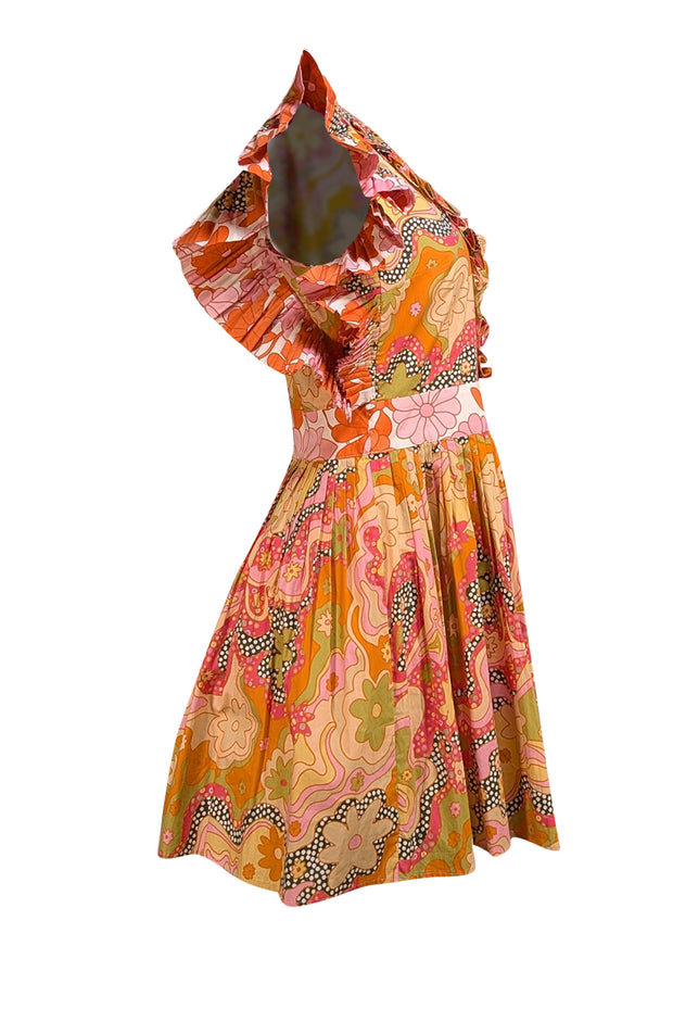 Celia B - Orange & Pink Abstract Floral Print Cotton Mini Dress Sz M - Current Boutique