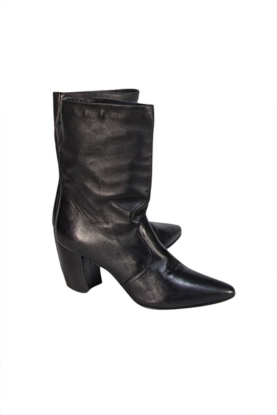Prada - Black Leather Curved Heel Short Boots Sz 8.5 - Current Boutique