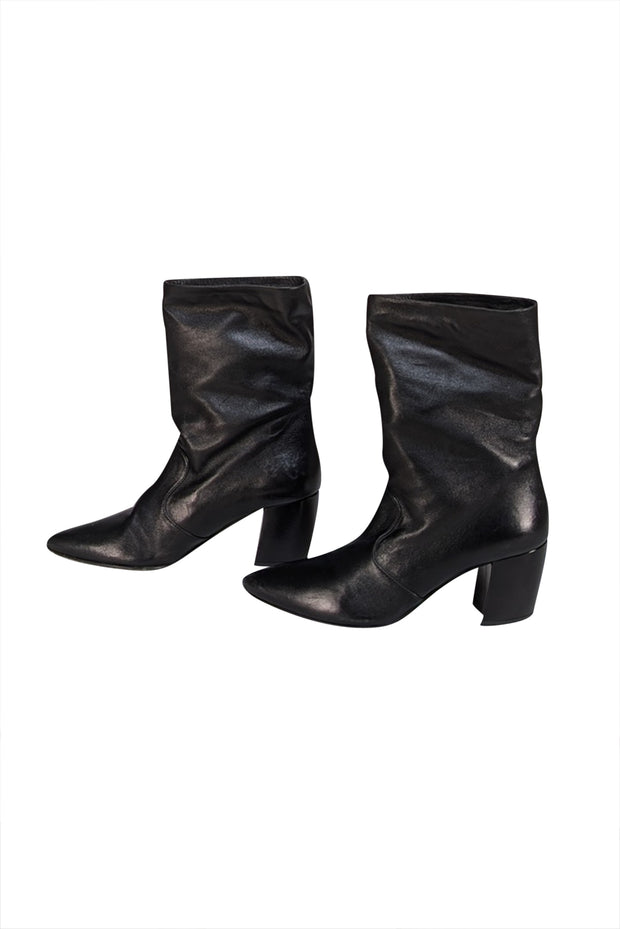 Prada - Black Leather Curved Heel Short Boots Sz 8.5 - Current Boutique