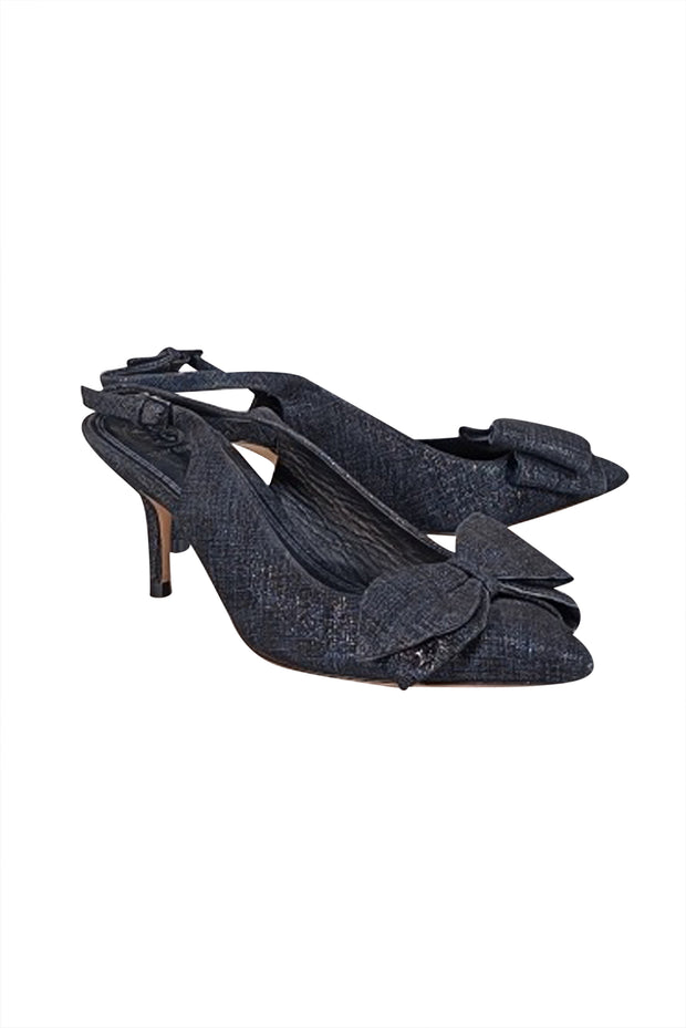 Tory Burch - Navy Leather Print Slingback Heels Sz 7.5 - Current Boutique