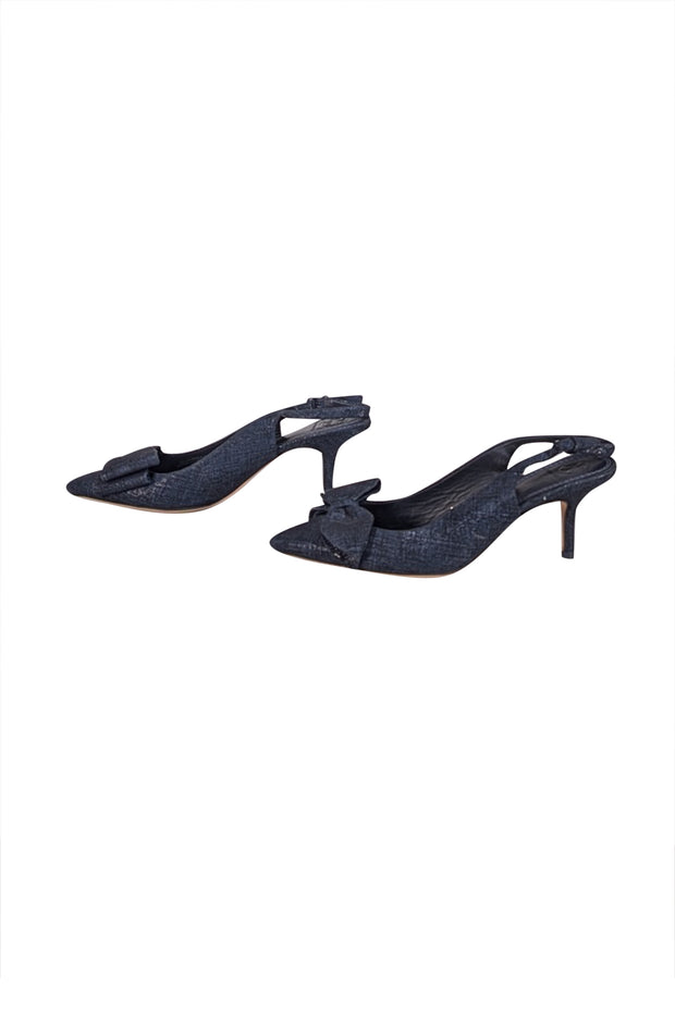 Tory Burch - Navy Leather Print Slingback Heels Sz 7.5 - Current Boutique