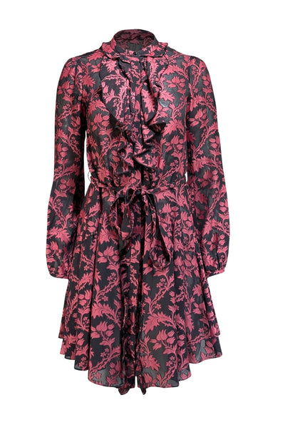 Saloni - Black & Dark Pink Brocade Print Semi Sheer Dress Sz 0 - Current Boutique