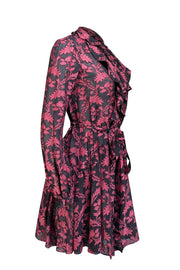 Saloni - Black & Dark Pink Brocade Print Semi Sheer Dress Sz 0 - Current Boutique