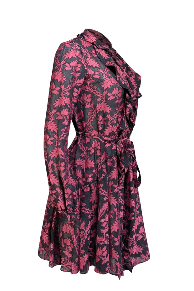 Saloni - Black & Dark Pink Brocade Print Semi Sheer Dress Sz 0 - Current Boutique