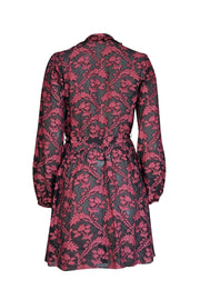 Saloni - Black & Dark Pink Brocade Print Semi Sheer Dress Sz 0 - Current Boutique