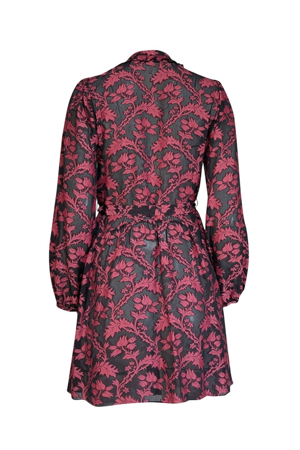 Saloni - Black & Dark Pink Brocade Print Semi Sheer Dress Sz 0 - Current Boutique
