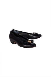 Ferragamo - Black Leather Bow Toe Kitten Pumps Sz 7