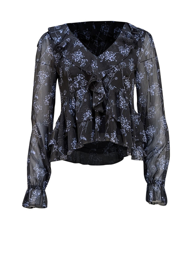 Cinq a Sept - Black and Blue Floral Ruffle Blouse Sz XS - Current Boutique
