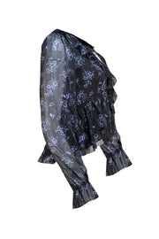 Cinq a Sept - Black and Blue Floral Ruffle Blouse Sz XS - Current Boutique