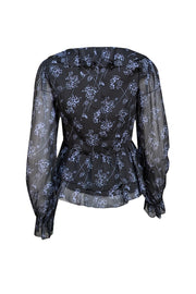 Cinq a Sept - Black and Blue Floral Ruffle Blouse Sz XS - Current Boutique