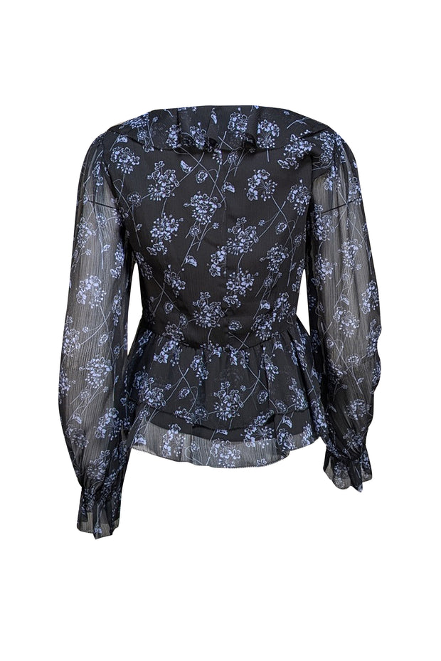 Cinq a Sept - Black and Blue Floral Ruffle Blouse Sz XS - Current Boutique