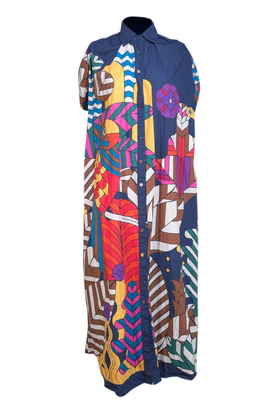 Carolina K - Navy & Multicolor Print Cotton Katan Dress Sz XS - Current Boutique