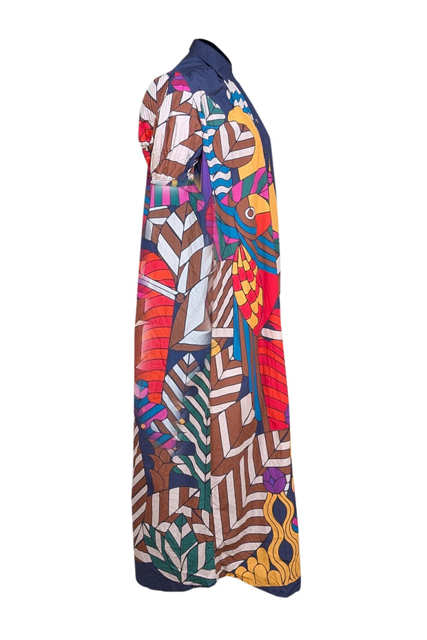 Carolina K - Navy & Multicolor Print Cotton Katan Dress Sz XS - Current Boutique