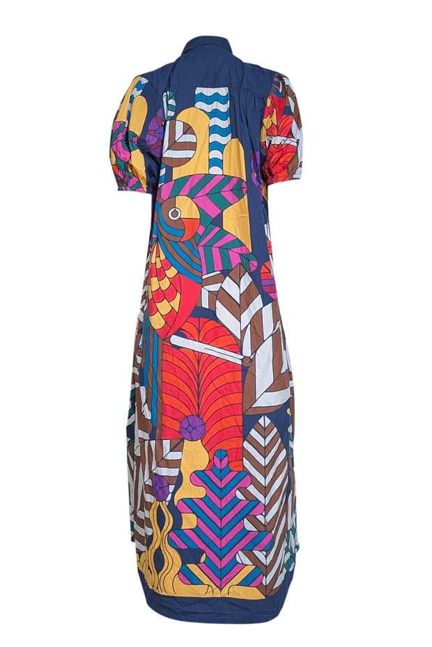 Carolina K - Navy & Multicolor Print Cotton Katan Dress Sz XS - Current Boutique