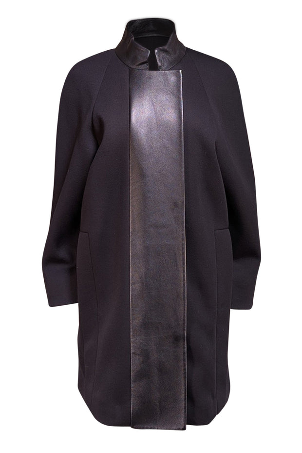 Halston Heritage - Black Coat w/ Leather Trim Sz S - Current Boutique