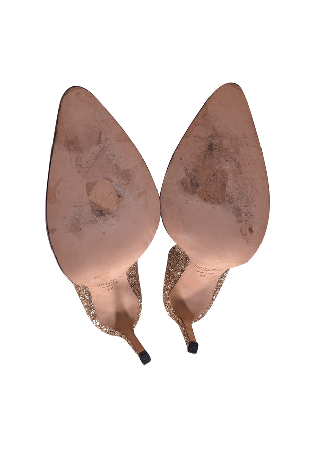 Jimmy Choo - Gold Glitter Pointed Toe Pumps w/ Rhinestone Trim Sz 10 - Current Boutique
