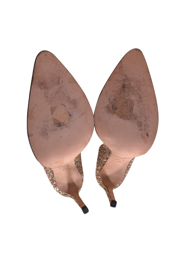 Jimmy Choo - Gold Glitter Pointed Toe Pumps w/ Rhinestone Trim Sz 10 - Current Boutique