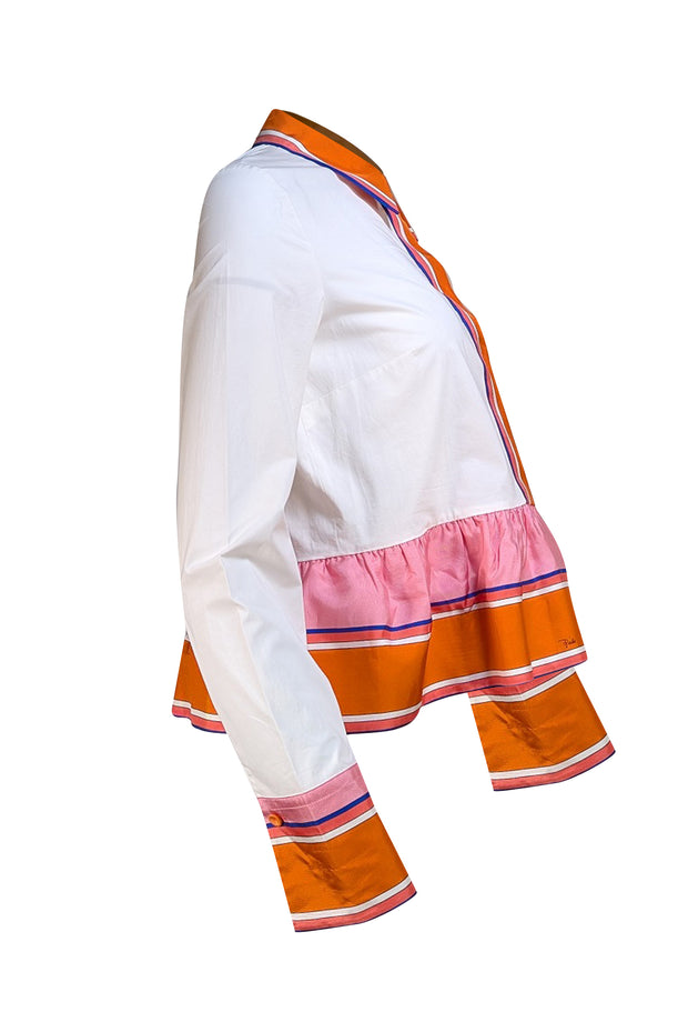 Emilio Pucci - White Button Front w/ Orange, Pink, & Blue Trim Peplum Blouse Sz 8 - Current Boutique
