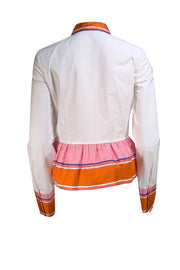 Emilio Pucci - White Button Front w/ Orange, Pink, & Blue Trim Peplum Blouse Sz 8 - Current Boutique