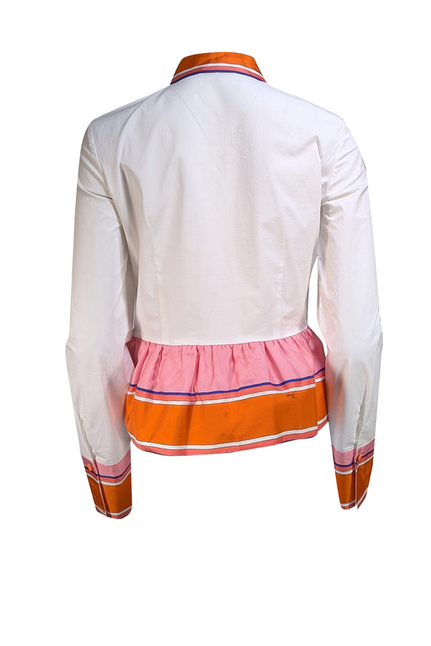 Emilio Pucci - White Button Front w/ Orange, Pink, & Blue Trim Peplum Blouse Sz 8 - Current Boutique