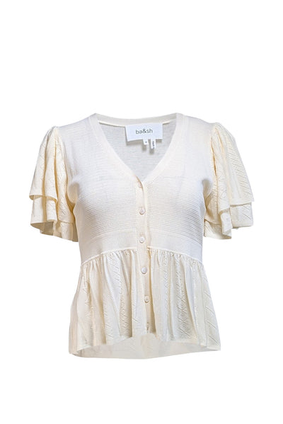 Ba&sh - Cream Short Sleeve Button Front Knit Top Sz M - Current Boutique