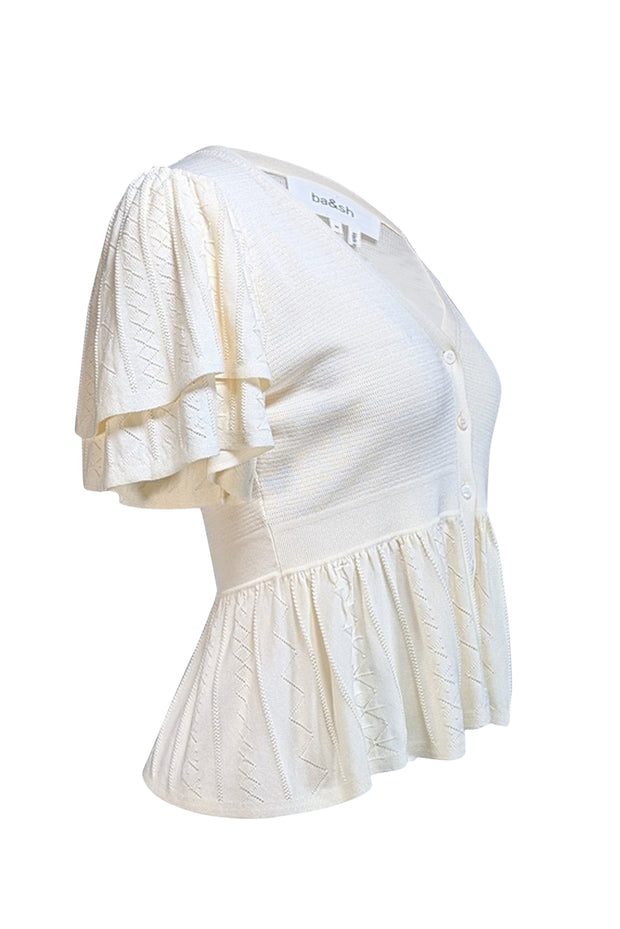 Ba&sh - Cream Short Sleeve Button Front Knit Top Sz M - Current Boutique
