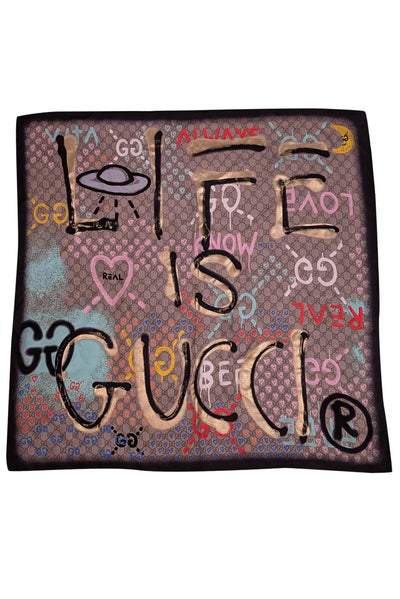 Gucci - Beige & Black Monogram Print w/ Spray Paint Style Detail Scarf - Current Boutique