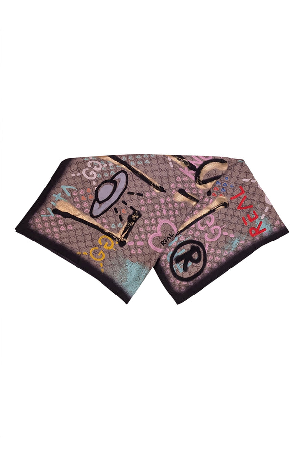 Gucci - Beige & Black Monogram Print w/ Spray Paint Style Detail Scarf - Current Boutique