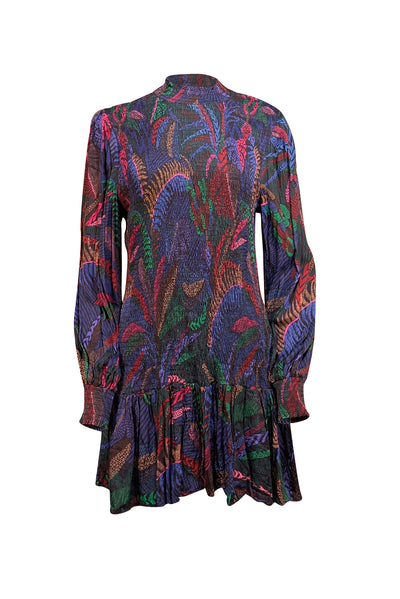 Farm Rio - Blue, Black, & Multi Color Print Smocked Long Sleeve Mini Dress Sz L - Current Boutique