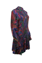 Farm Rio - Blue, Black, & Multi Color Print Smocked Long Sleeve Mini Dress Sz L - Current Boutique