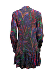 Farm Rio - Blue, Black, & Multi Color Print Smocked Long Sleeve Mini Dress Sz L - Current Boutique