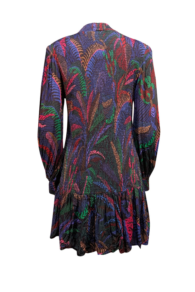 Farm Rio - Blue, Black, & Multi Color Print Smocked Long Sleeve Mini Dress Sz L - Current Boutique