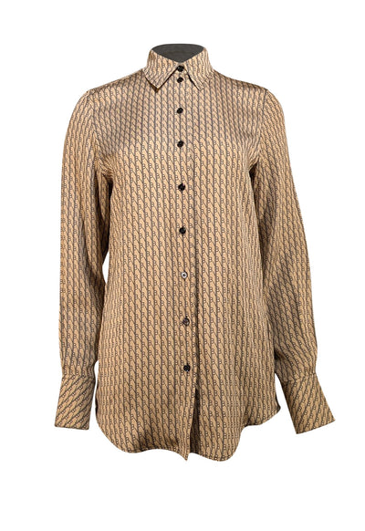 Victoria Beckham - Beige & Navy Monogram Print Button Front Shirt Sz 0 - Current Boutique