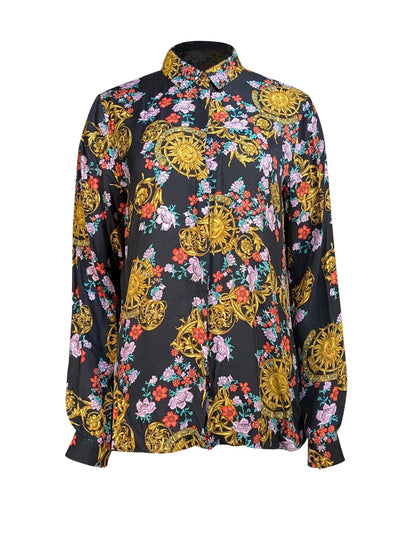 Versace Jeans Couture - Black Multi Floral Logo Print Button Down Shirt Sz 8