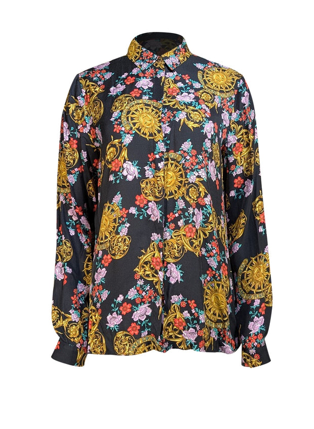 Versace Jeans Couture - Black Multi Floral Logo Print Button Down Shirt Sz 8