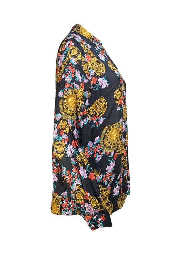 Versace Jeans Couture - Black Multi Floral Logo Print Button Down Shirt Sz 8