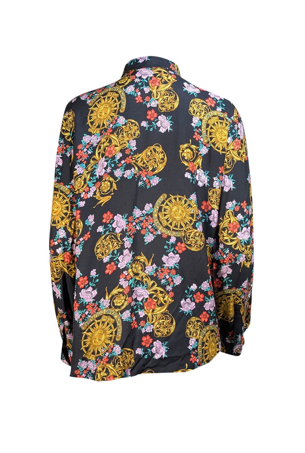 Versace Jeans Couture - Black Multi Floral Logo Print Button Down Shirt Sz 8